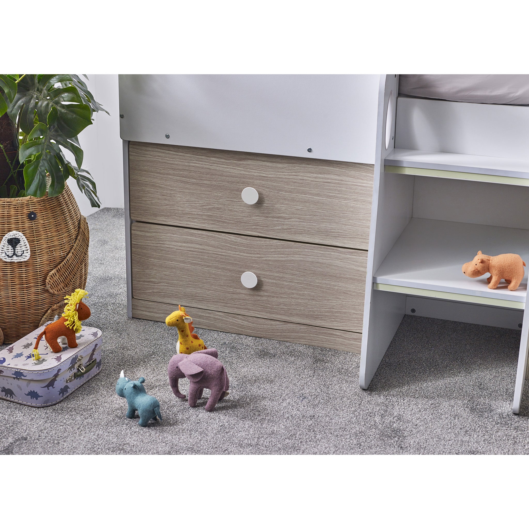 House Style Midsleeper Bed with Storage in Wood and White